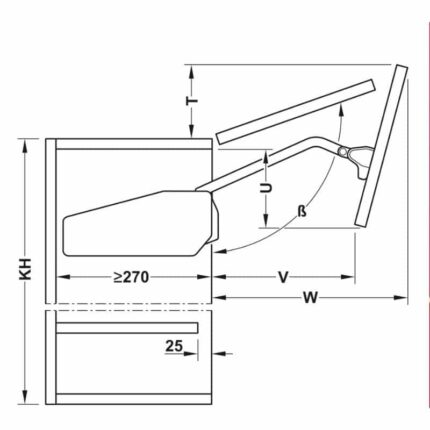 Kích thước bộ tay nâng FREE FOLD SHORT Hafele 493.05.740, xám