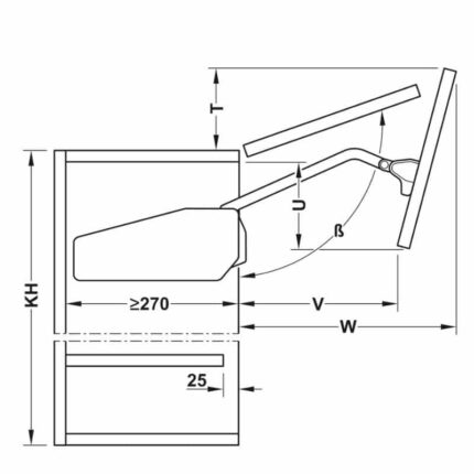 Kích thước bộ tay nâng FREE FOLD SHORT Hafele 493.05.900, trắng