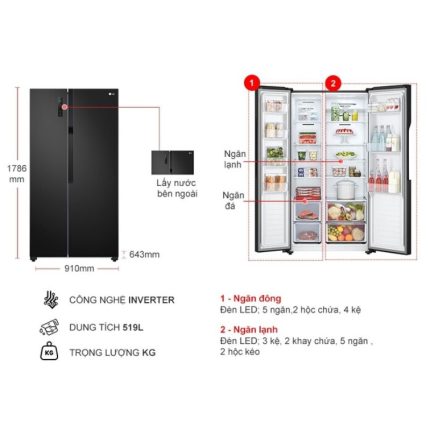 kich thuoc tu lanh 2 canh side by side inverter 519 lit lg gr b256bl