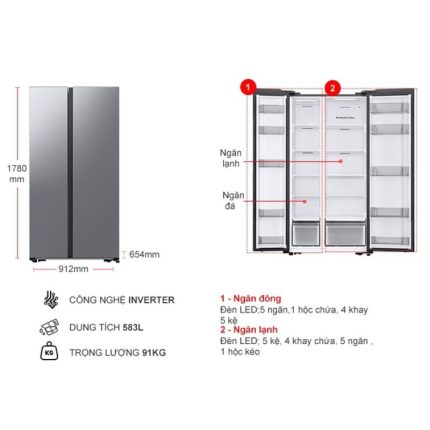 kich thuoc tu lanh 2 canh side by side inverter 583 lit samsung rs57dg400em9sv